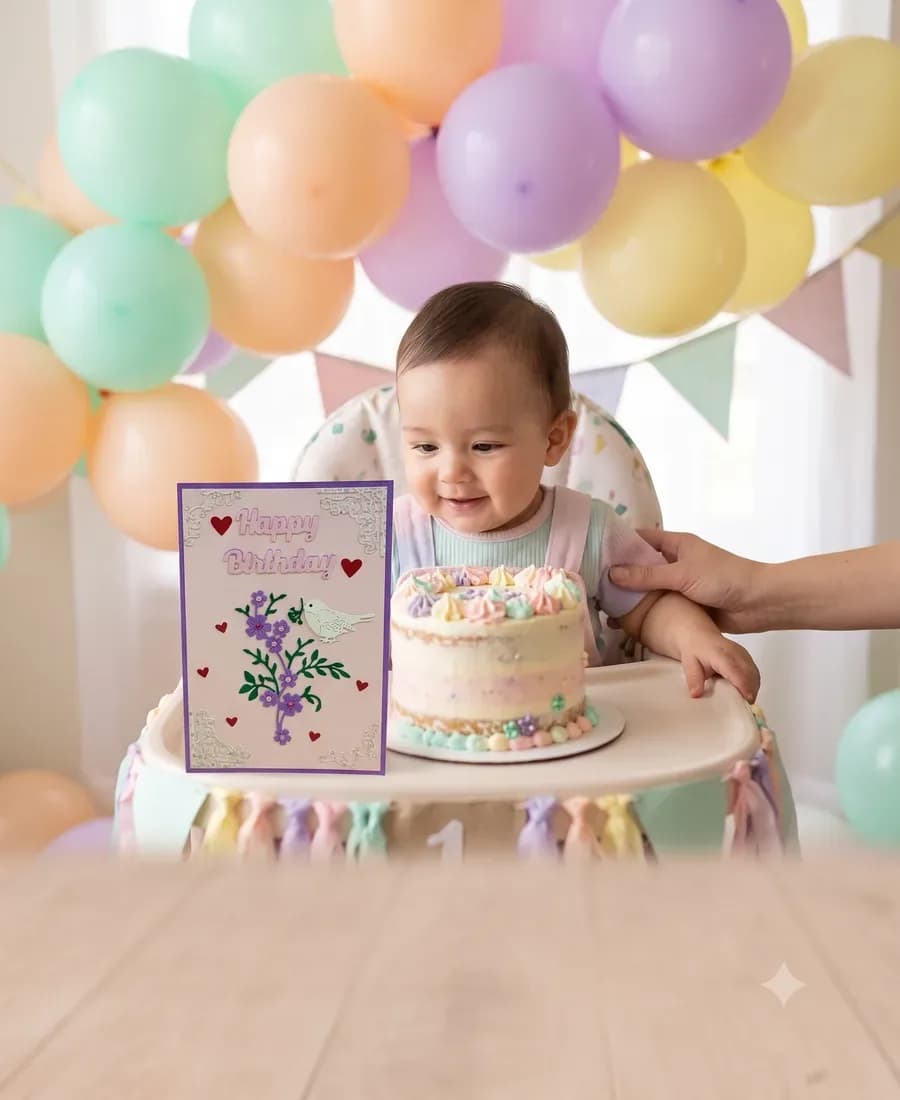 Bebé en su primer cumpleaños con tarjeta artesanal