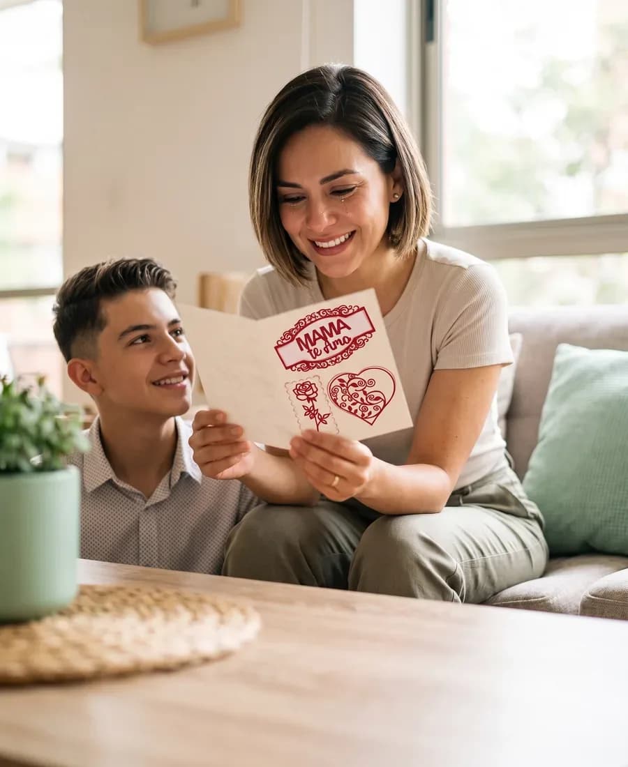 Mamá emocionada leyendo la tarjeta de su hijo